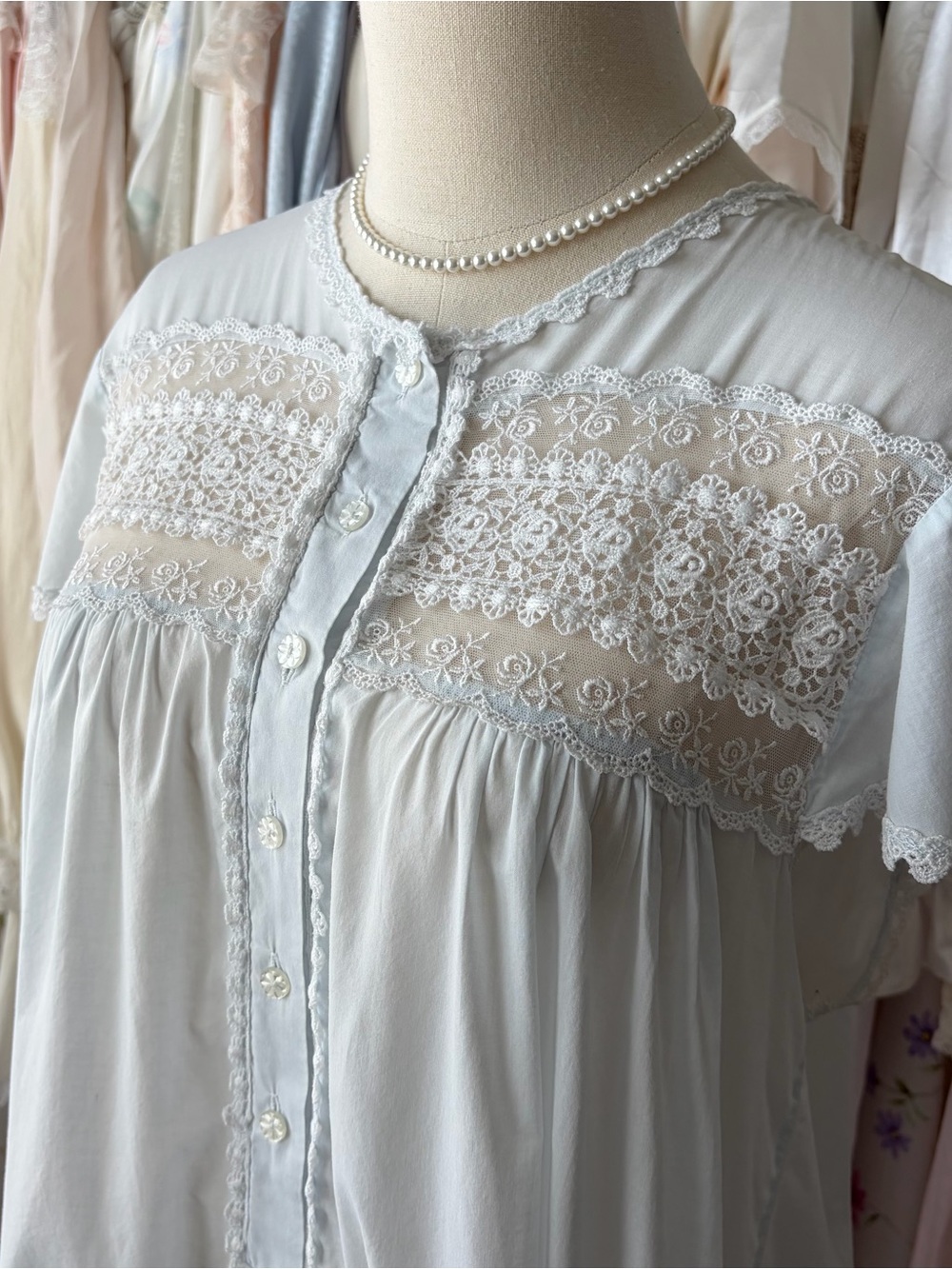 vintage christian dior pale blue cotton dress nightgown lace bodice